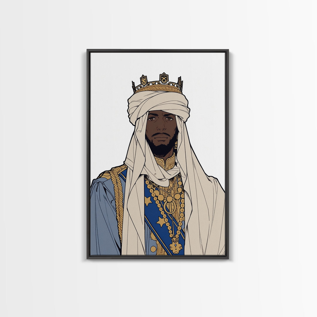 Regal African King In White Turban And Blue Robe Canvas Print, Afrocentric Royal Portrait Wall Art, Cultural Home Decor Gift