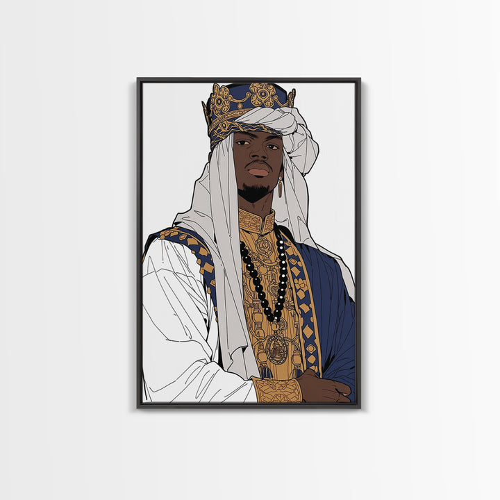 Regal African Prince In Crown White Turban And Blue Robe Framed Canvas Print, Afrocentric Black Royal Portrait Wall Art Decor