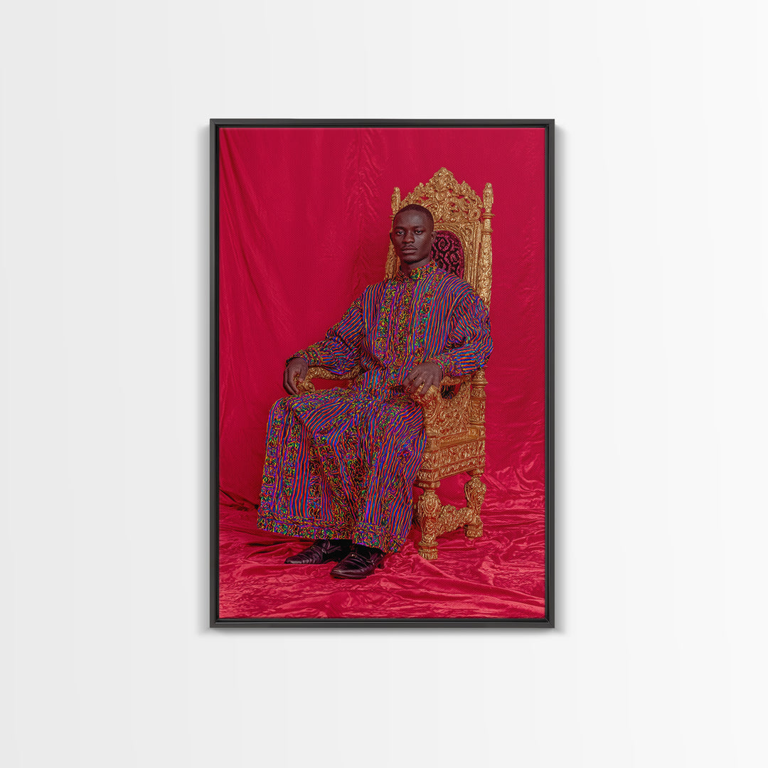 Regal African Man On Gold Throne Wall Art, Royal Black Portrait, Afrocentric Decor, African Fabric, Statement Canvas, Living Room Decor