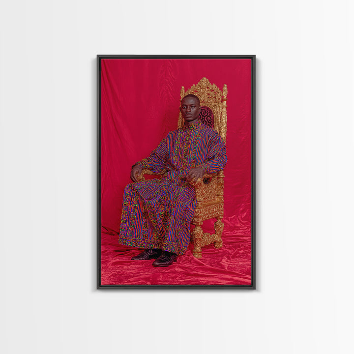 Regal African Man On Gold Throne Wall Art, Royal Black Portrait, Afrocentric Decor, African Fabric, Statement Canvas, Living Room Decor