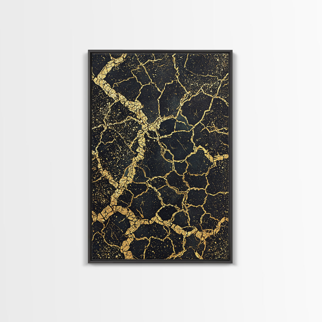 Black And Gold Cracked Earth Abstract Wall Art, Luxury Canvas Print, Kintsugi Texture, Modern Home Decor, Statement Piece