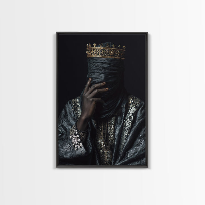 Mystic Crowned African Portrait Wall Art, Black Veiled Figure, Gold Jewelry Canvas, Afrocentric Decor, Luxury Canvas Print