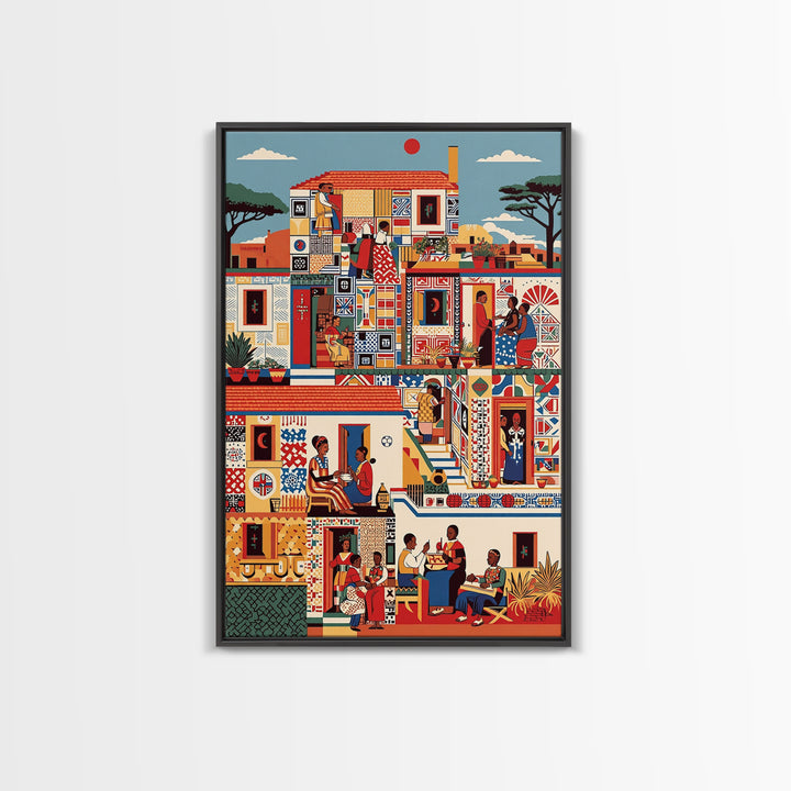 Vibrant African Neighborhood Scene Wall Art, Community Life Canvas Print, Patterned House, Afrocentric Cultural Decor, Gift