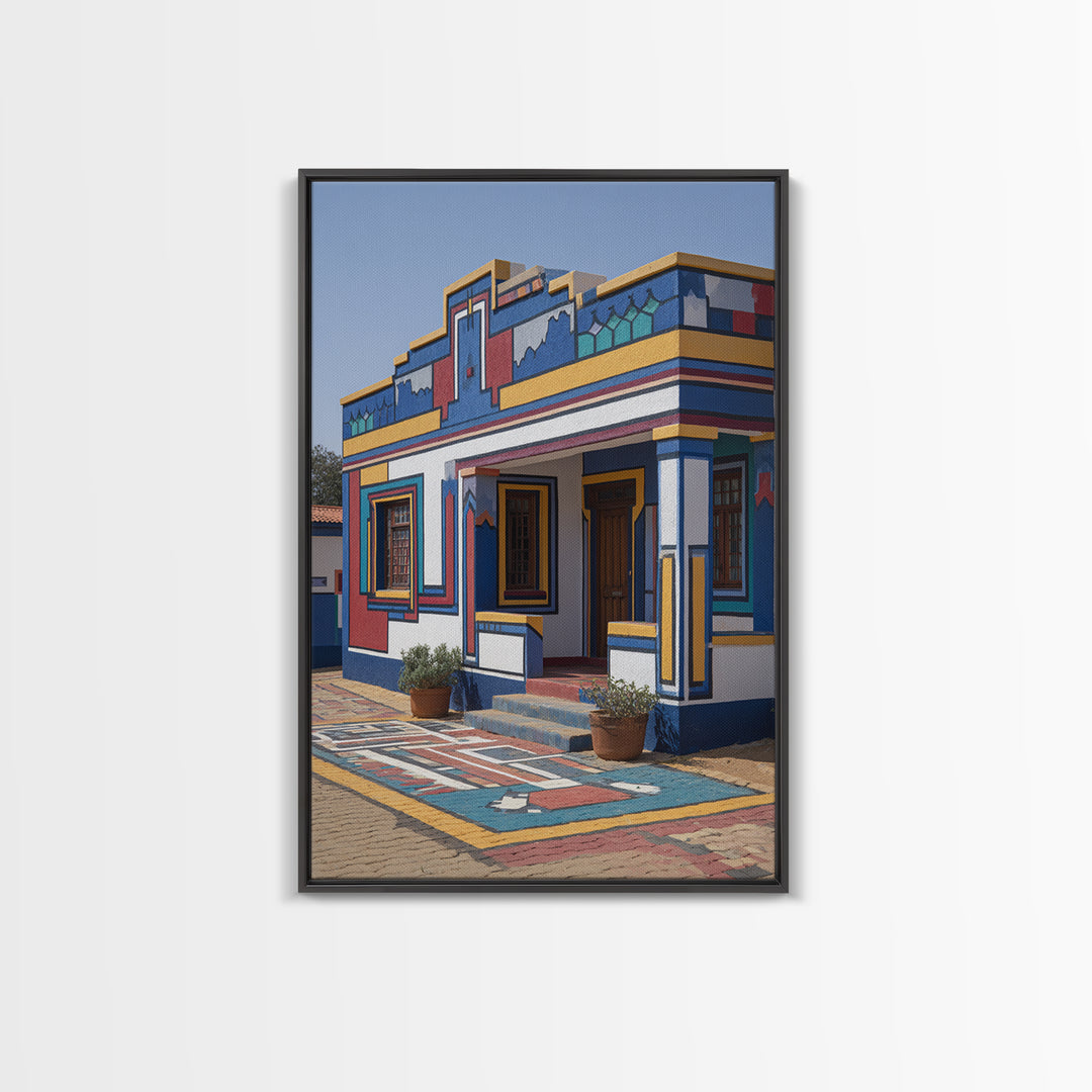 Bright Ndebele Painted Courtyard Framed Canvas Print, African Architecture Wall Art, Geometric Tribal Home Decor Statement Piece