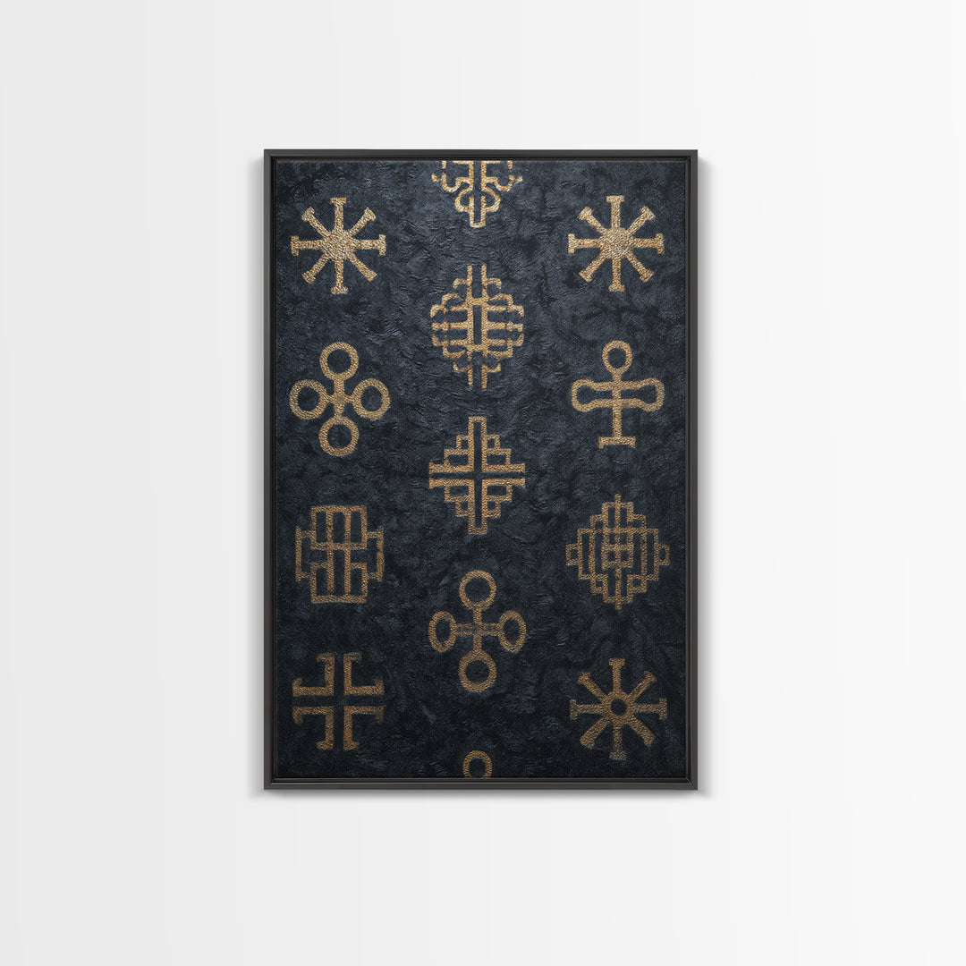 Gold African Adinkra Symbols Wall Art, Black Textured Pattern Print, Tribal Cultural Decor, Afrocentric Home Gift For Office
