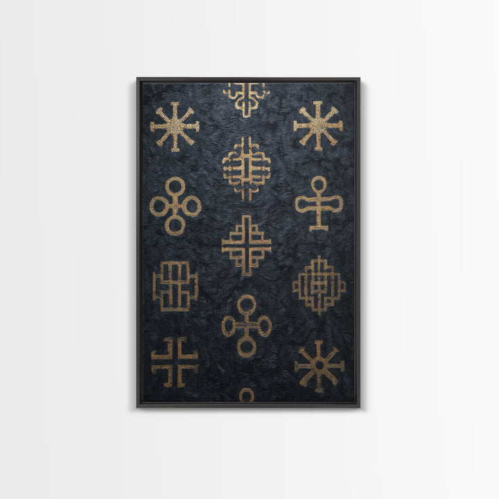 Gold African Adinkra Symbols Wall Art, Black Textured Pattern Print, Tribal Cultural Decor, Afrocentric Home Gift For Office