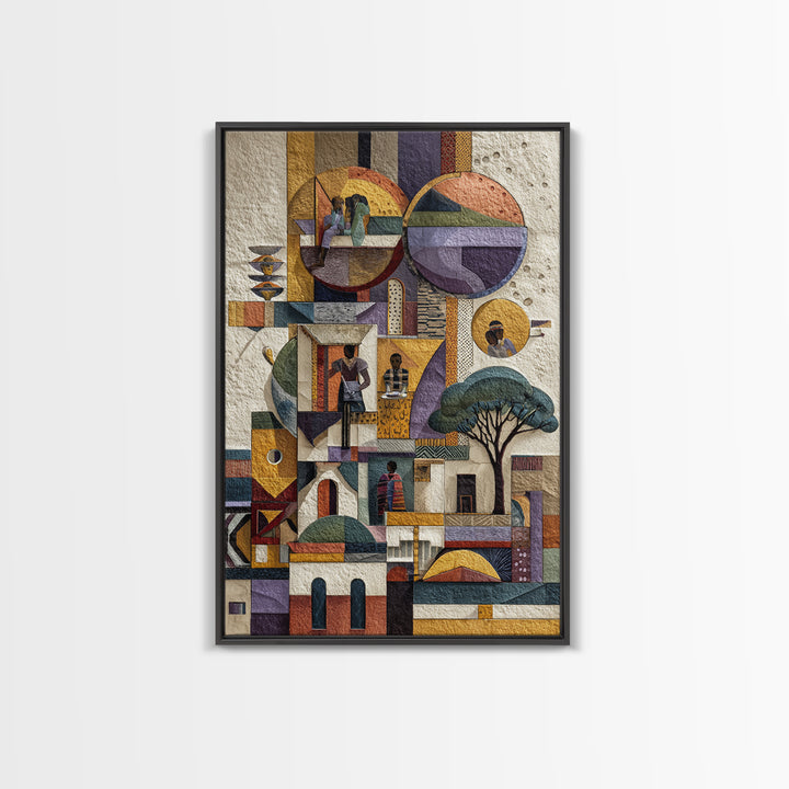 Abstract African Village Collage Canvas Print, Geometric Architecture Wall Art, Textured Cultural Home Decor Gift For Living Room