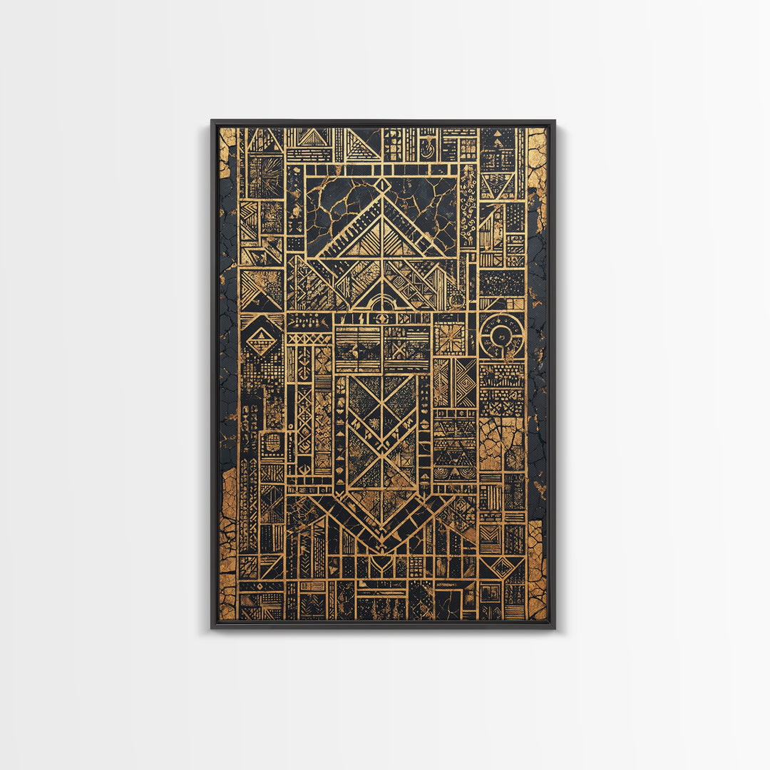 Gold Black Tribal Geometry Canvas Print, African Wall Art, Kuba Pattern Decor, Afrocentric Abstract Home Decor Statement Gift