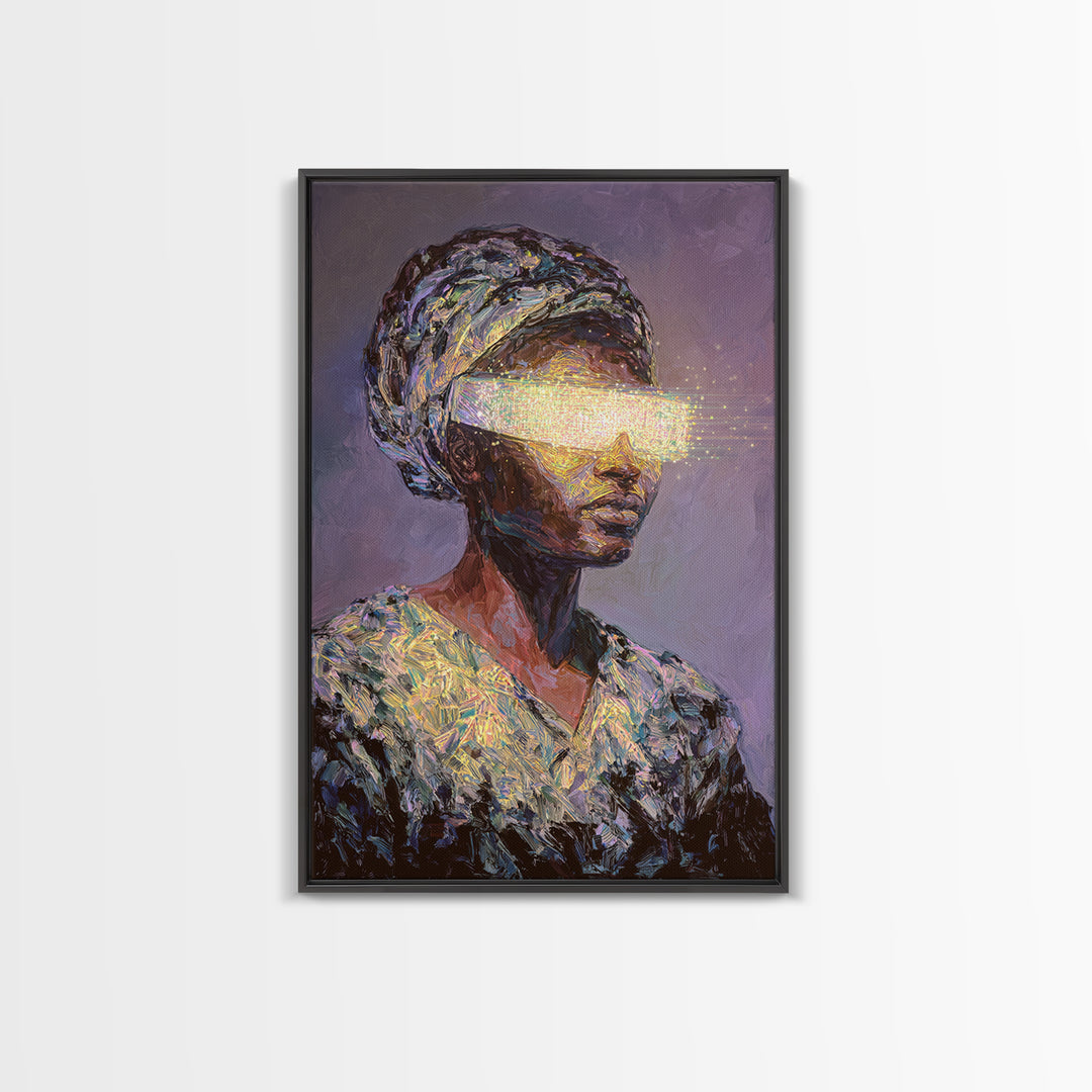 Visionary African Woman Canvas Print, Glowing Eye Light Portrait, Afrocentric Art, Spiritual Wall Decor, Female Power Gift