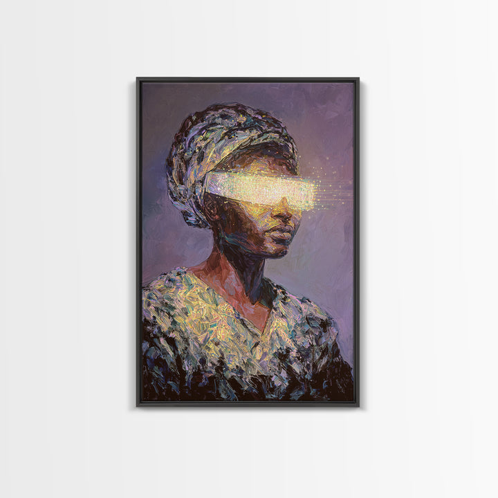 Visionary African Woman Canvas Print, Glowing Eye Light Portrait, Afrocentric Art, Spiritual Wall Decor, Female Power Gift