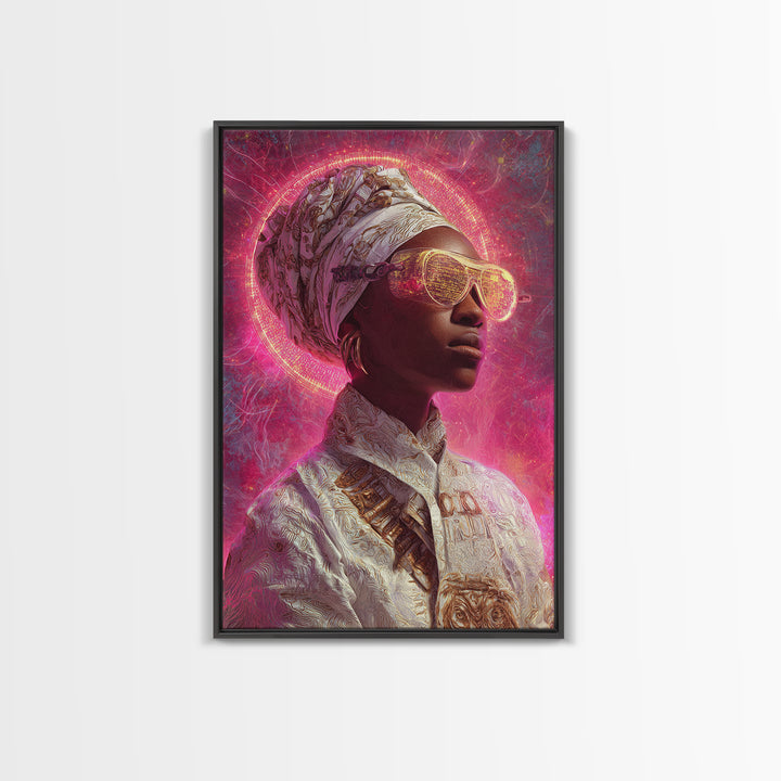 Neon Halo African Queen Wall Art, Sunglasses Headwrap Portrait, Afrofuturism Decor, Black Goddess Vibrant Pink Canvas Print