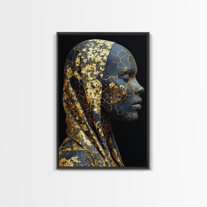 Gold Cracked African Woman Framed Canvas Print, Black Goddess Portrait, Luxury Afrocentric Wall Decor, Modern Statement Home Gift