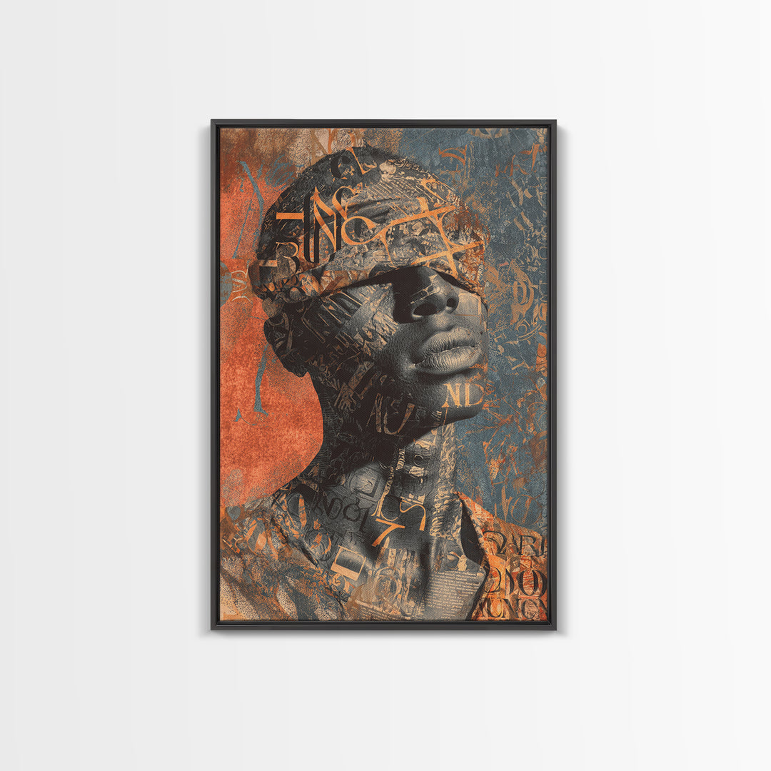 Blindfolded Black Woman Canvas Print, Abstract Typography Portrait, African American Art, Burnt Orange Afrocentric Decor