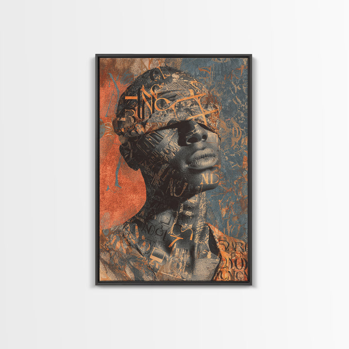 Blindfolded Black Woman Canvas Print, Abstract Typography Portrait, African American Art, Burnt Orange Afrocentric Decor