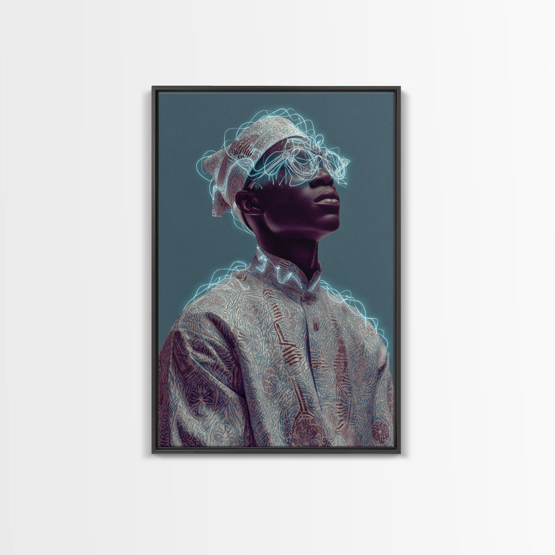 Afrofuturist Black Man Portrait With Neon Headwrap, Canvas Print, Modern African Art, Afrocentric Wall Decor, Black Culture Art