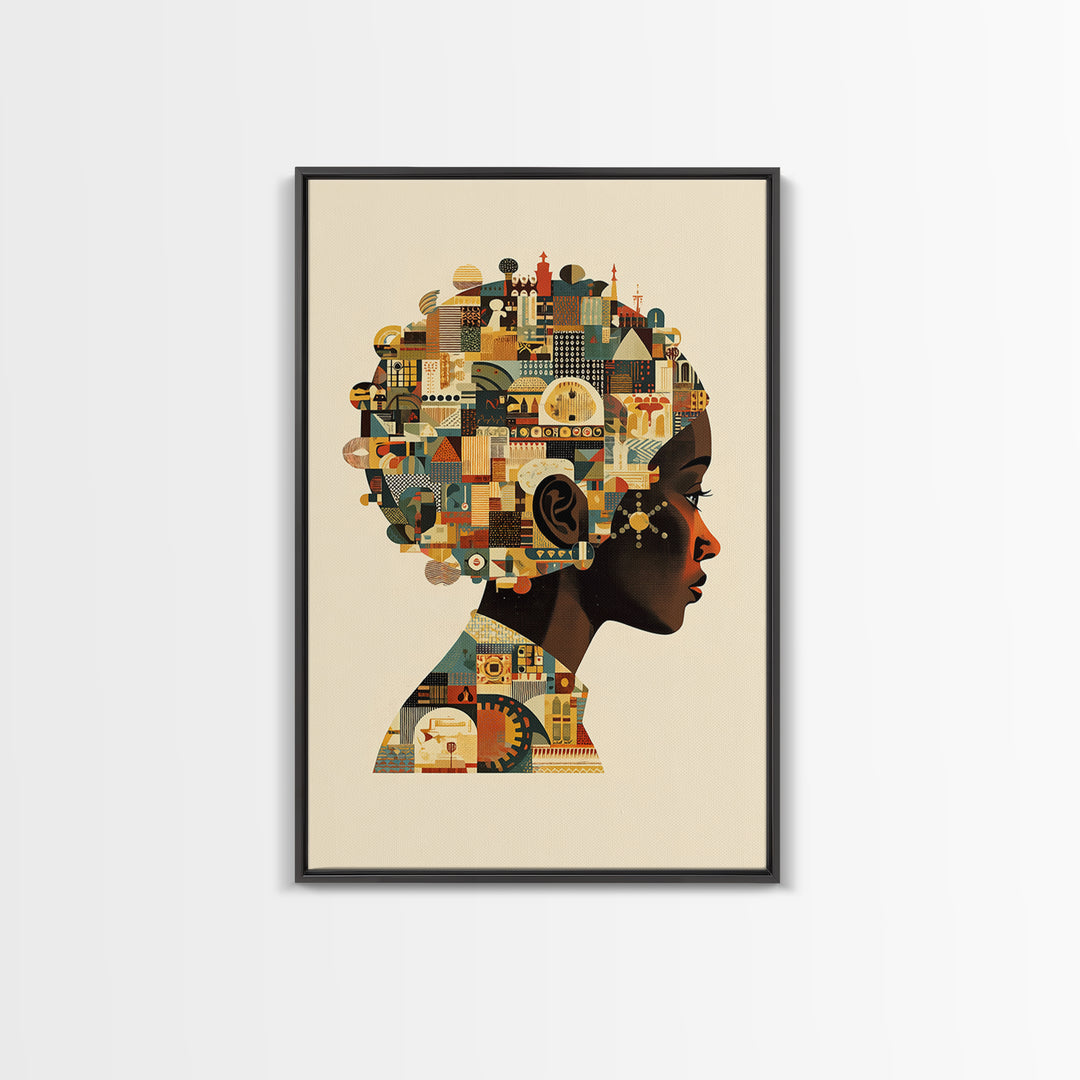 Profile Of African Woman With Architectural Afro, Wall Art, Geometric Portrait, Cultural Home Decor, Modern Afrocentric Art Print