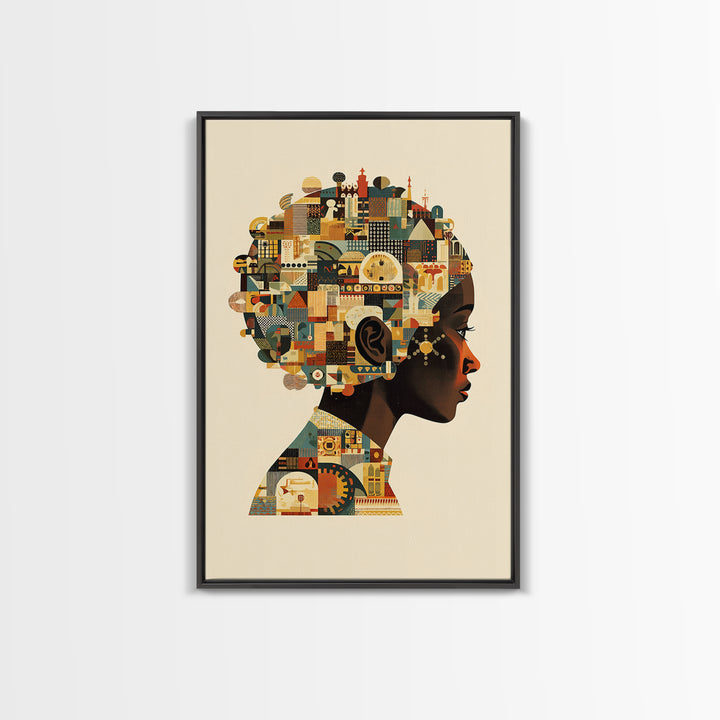 Profile Of African Woman With Architectural Afro, Wall Art, Geometric Portrait, Cultural Home Decor, Modern Afrocentric Art Print