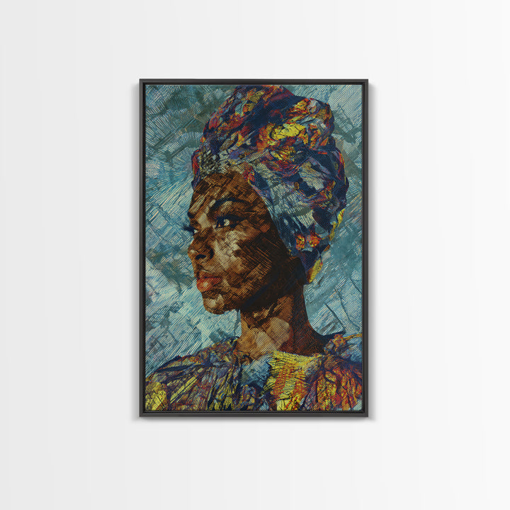 Textured African Woman Portrait In Blue Headwrap, Framed Canvas Print, Contemporary Black Art, Ethnic Wall Decor Gift For Her
