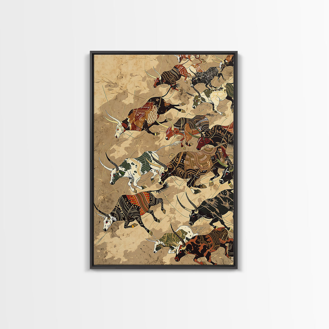 Running African Cattle With Tribal Patterns, Wall Art, Safari Animal Art Print, African Decor, Rustic Farmhouse Canvas Print