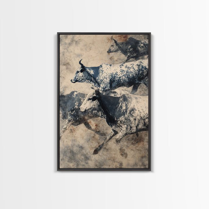Charging Longhorn Cattle Herd In Sepia Dust, Canvas Print, African Safari Art, Rustic Wall Decor, Western Animal Painting