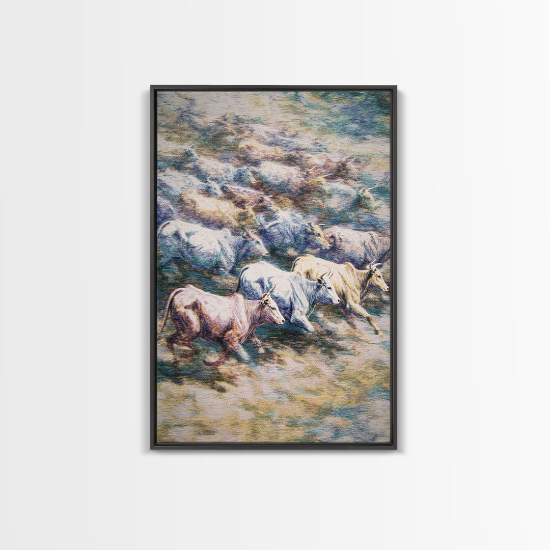 Colorful Running Cattle Herd Across Open Range, Wall Art, African Animal Art, Safari Decor, Textured Painting On Canvas Print