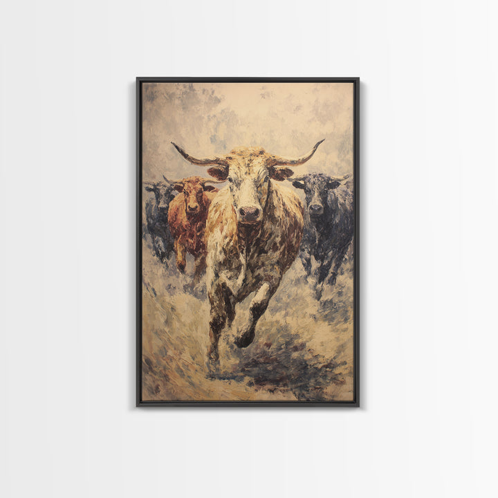 Powerful Longhorn Bull Herd Charging Forward, Framed Canvas Print, African Safari Wall Art, Rustic Animal Decor Gift For Him