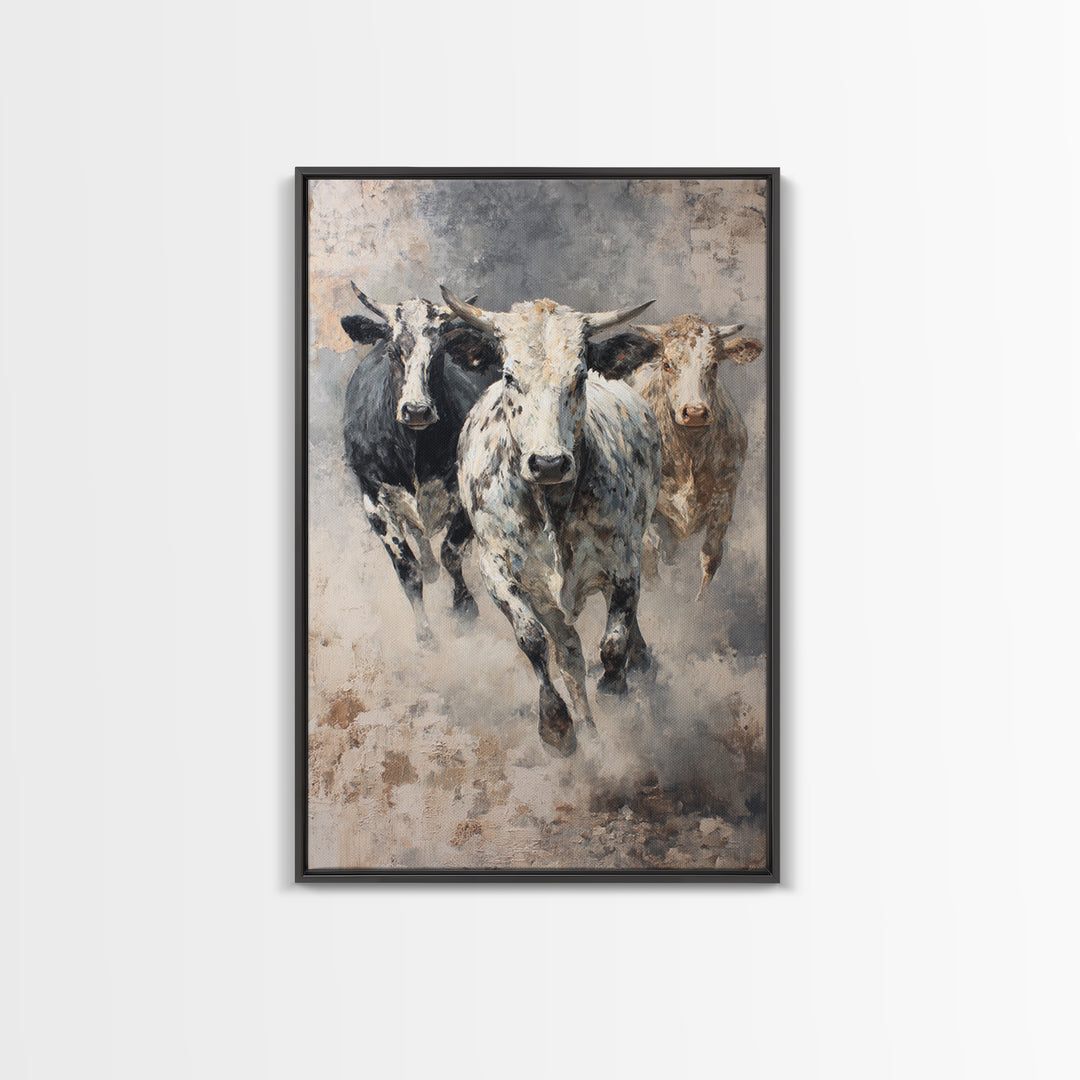 Charging Longhorn Cattle Framed Canvas Print, Western Animal Wall Art, Rustic Farmhouse Decor, Bold Living Room Painting
