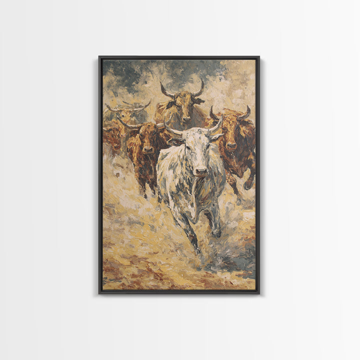 Textured Longhorn Herd Canvas Print, Western Bull Wall Art, Rustic Ranch Decor, Farmhouse Living Room Art, Earth Tone Painting