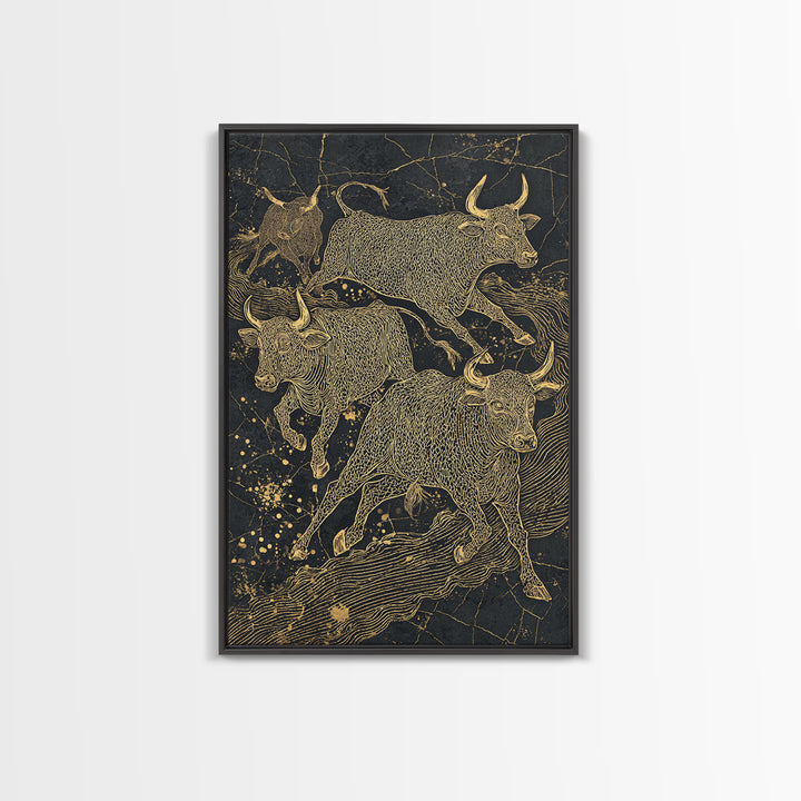 Gold Line Bulls On Black Wall Art, Modern Animal Canvas Print, Luxury Ranch Decor, Masculine Office Art, Bold Statement Piece