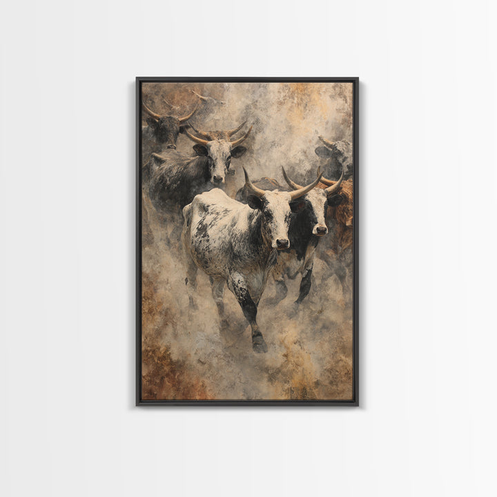 Dusty Longhorn Herd Framed Canvas Print, Western Bull Wall Art, Rustic Farmhouse Decor, Earth Tone Living Room Painting Gift