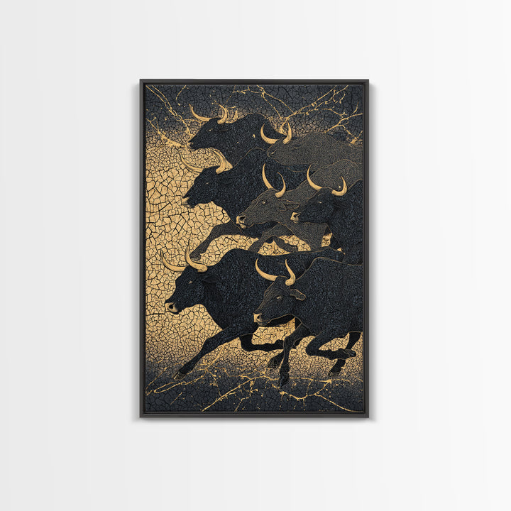 Black And Gold Bull Herd Canvas Print, Dramatic Animal Wall Art, Luxury Ranch Decor, Masculine Office Art, Statement Piece