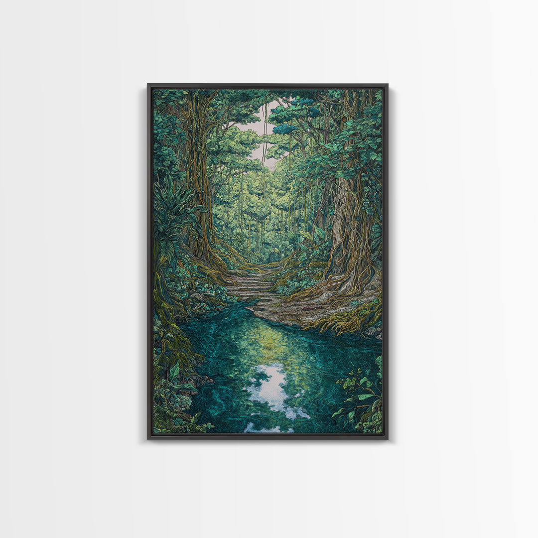 Rainforest River Path Framed Canvas Print, Ancient Jungle Roots, Green Nature Scene Art, Boho Wall Decor, Unique Home Decor