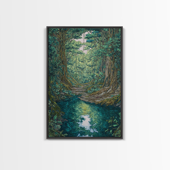 Rainforest River Path Framed Canvas Print, Ancient Jungle Roots, Green Nature Scene Art, Boho Wall Decor, Unique Home Decor