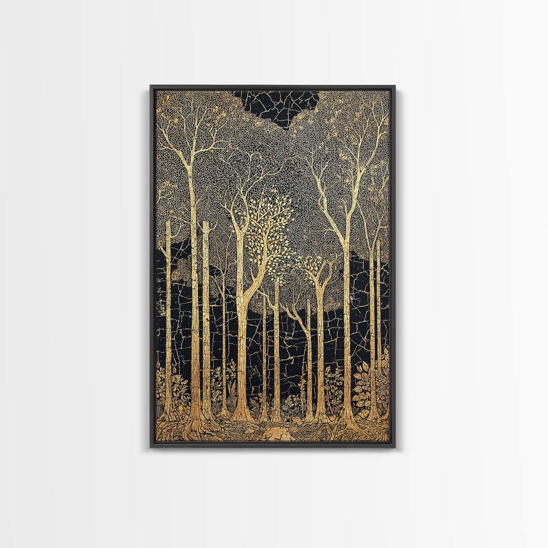 Black And Gold Forest Wall Art, Tall Tree Line Illustration, Abstract Nature Pattern, Elegant Home Decor, Luxury Art Print