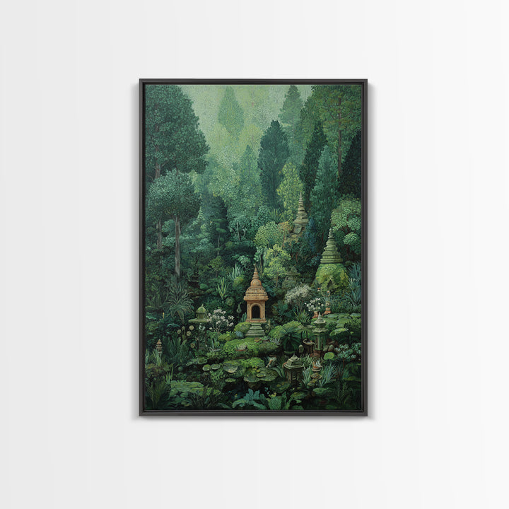 Secret Jungle Temple Garden Canvas Print, Lush Green Botanical Landscape, Spiritual Wall Art, Bohemian Decor Art, Living Room Decor