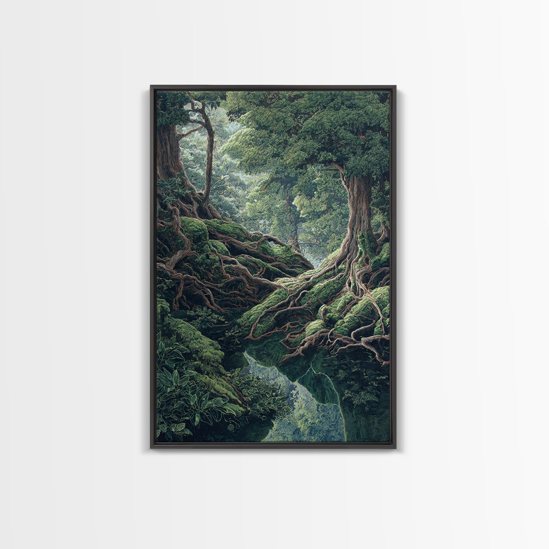 Ancient Forest Roots Wall Art, Mossy Green River Gorge, Mystical Nature Scene Art, Statement Wall Decor, Unique Canvas Print