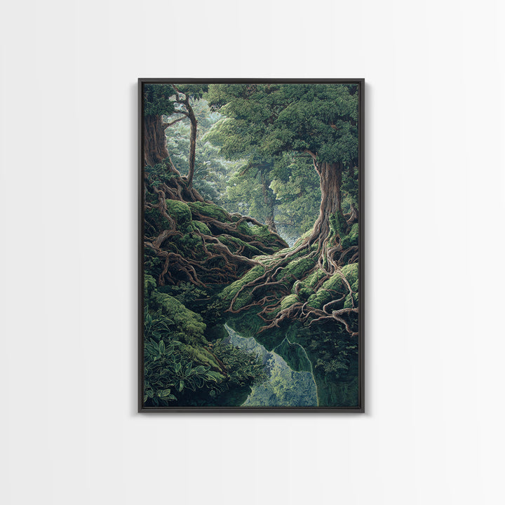 Ancient Forest Roots Wall Art, Mossy Green River Gorge, Mystical Nature Scene Art, Statement Wall Decor, Unique Canvas Print