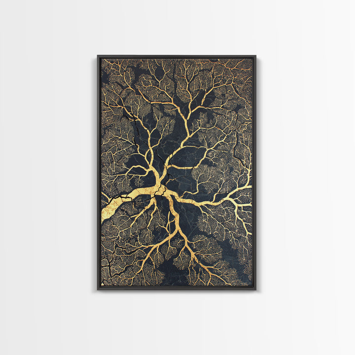 Black And Gold Branching Tree Wall Art, Abstract Root Network, Earth Tone Wall Decor, Luxury Art Print, Modern Canvas Art