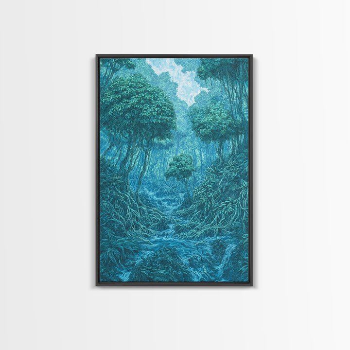 Blue Mystical Rainforest Stream Framed Canvas Print, Dreamy Jungle Wall Art, Teal Nature Scene, Spiritual Wall Decor Gift