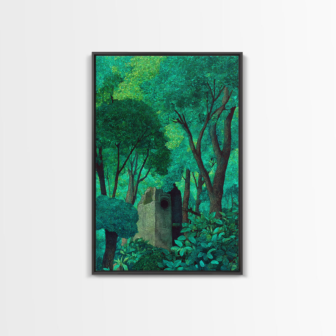 Emerald Forest Shrine With Ancient Stone Door Wall Art, Mystical Jungle Decor, Nature Scene Art, Teal Green Home Decor Gift