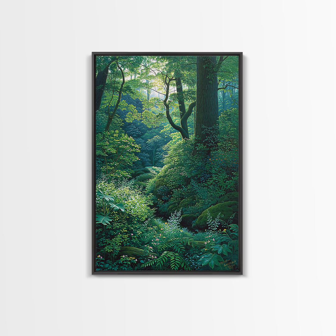 Sunlit Woodland Glade With Ferns Wall Art, Green Nature Scene Art, Dreamy Forest Decor, Botanical Bedroom Wall Decor Gift