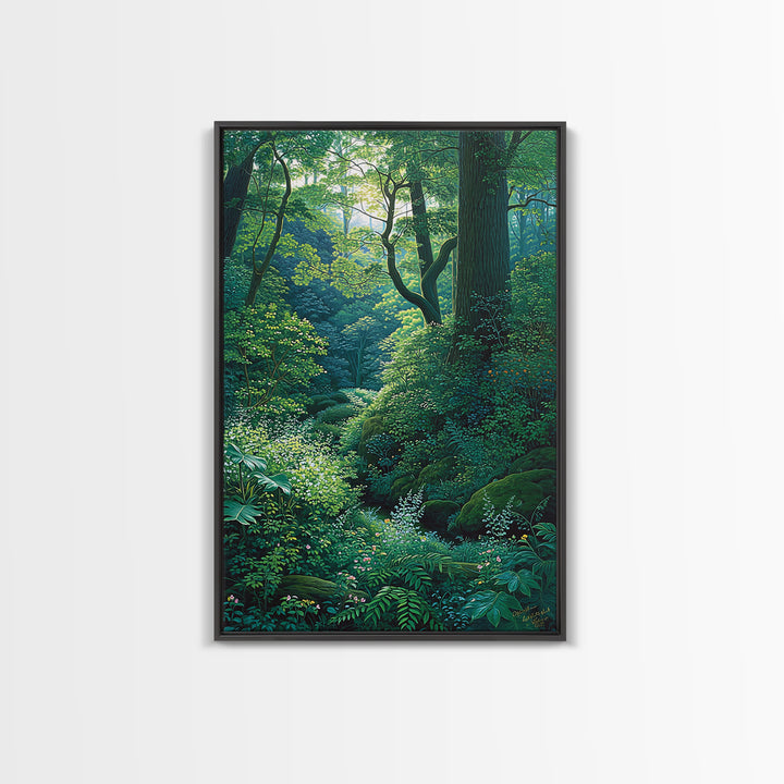 Sunlit Woodland Glade With Ferns Wall Art, Green Nature Scene Art, Dreamy Forest Decor, Botanical Bedroom Wall Decor Gift