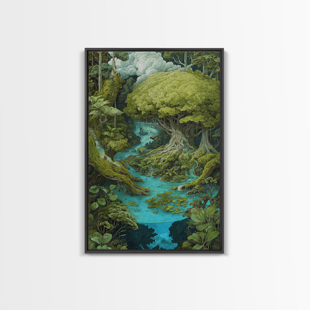 Ancient Banyan Over Turquoise River Painting Canvas Print, Fantasy Jungle Decor, Green Nature Wall Art, Unique Home Decor Gift