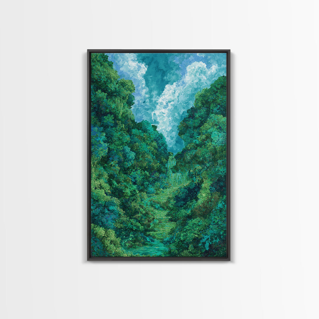 Turquoise Rainforest Valley With Waterfall Canvas Print, Lush Green Landscape, Nature Scene Art, Modern Wall Decor Art Gift