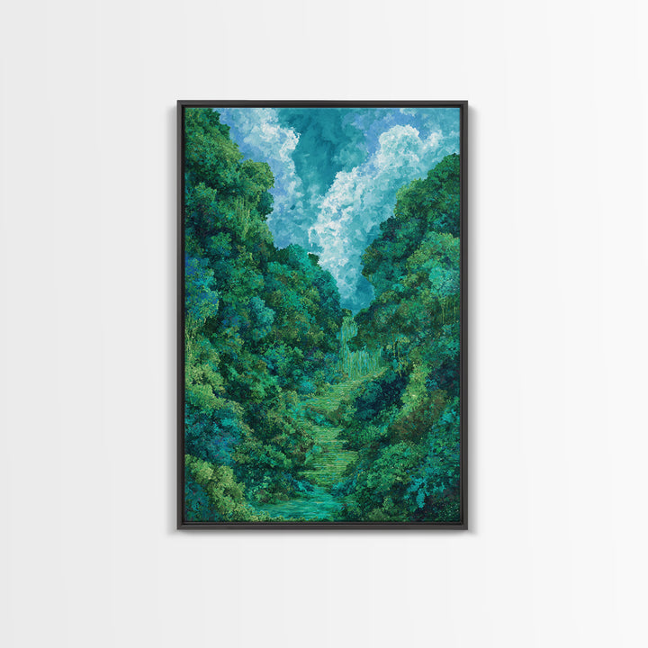 Turquoise Rainforest Valley With Waterfall Canvas Print, Lush Green Landscape, Nature Scene Art, Modern Wall Decor Art Gift