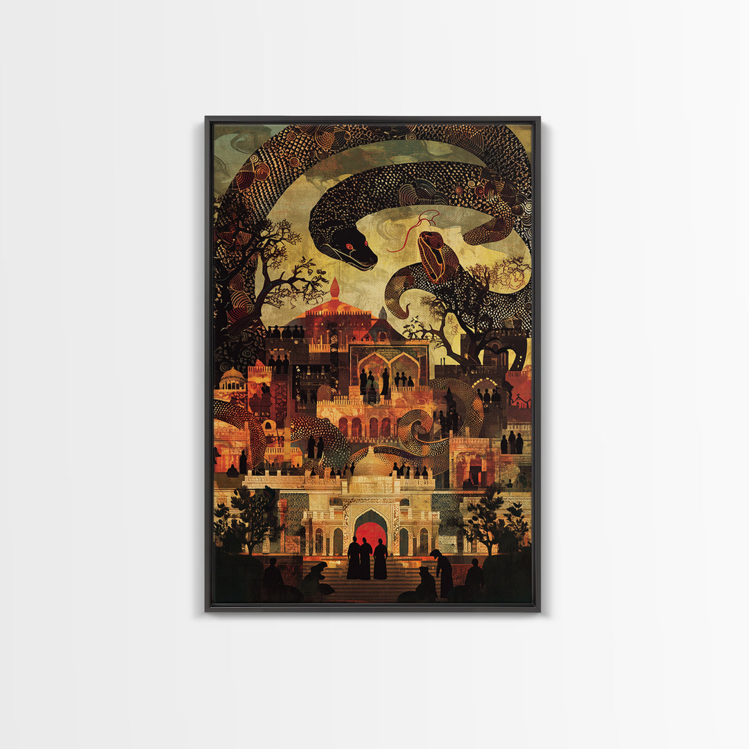 Enchanted Palace With Giant Serpent Wall Art, Mystical Travel Decor, Indian Decor, Fantasy City Canvas Style Art Print Gift