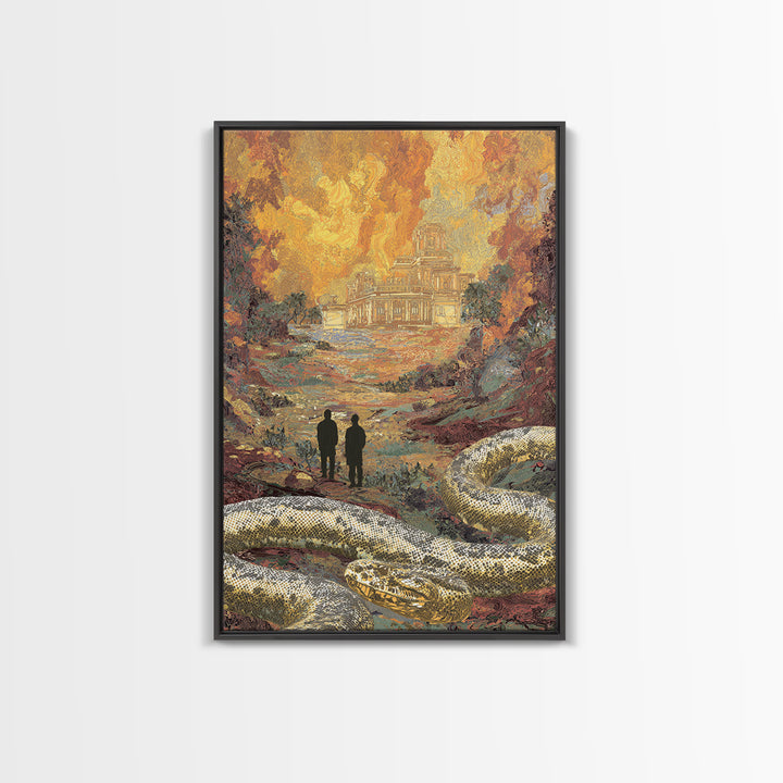 Golden Ruins With Giant Serpent Canvas Print, Surreal Fantasy Landscape Wall Art, Burnt Orange Art, Statement Home Decor Gift