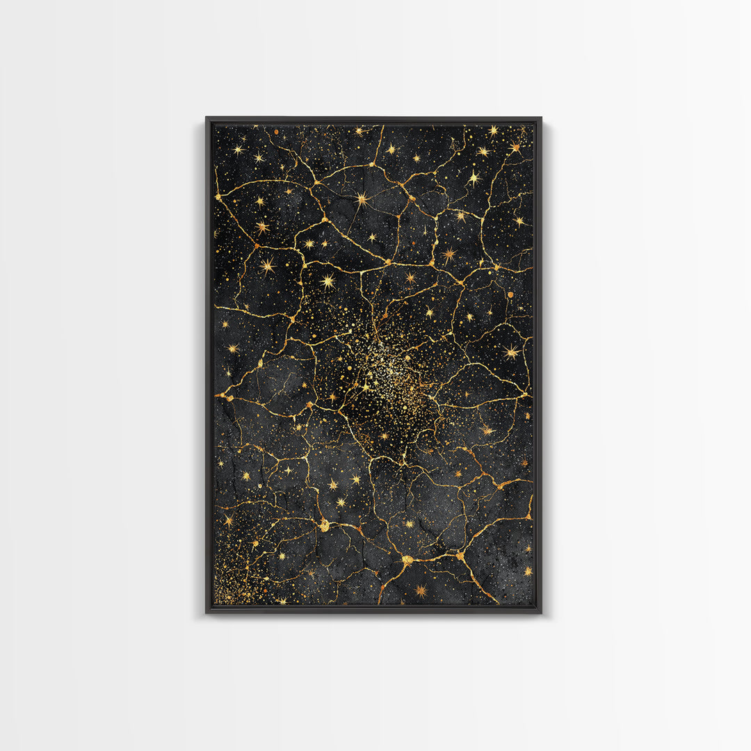 Black Gold Celestial Marble Stars Wall Art, Abstract African Inspired Cosmic Decor, Luxury Canvas Print For Modern Home Decor