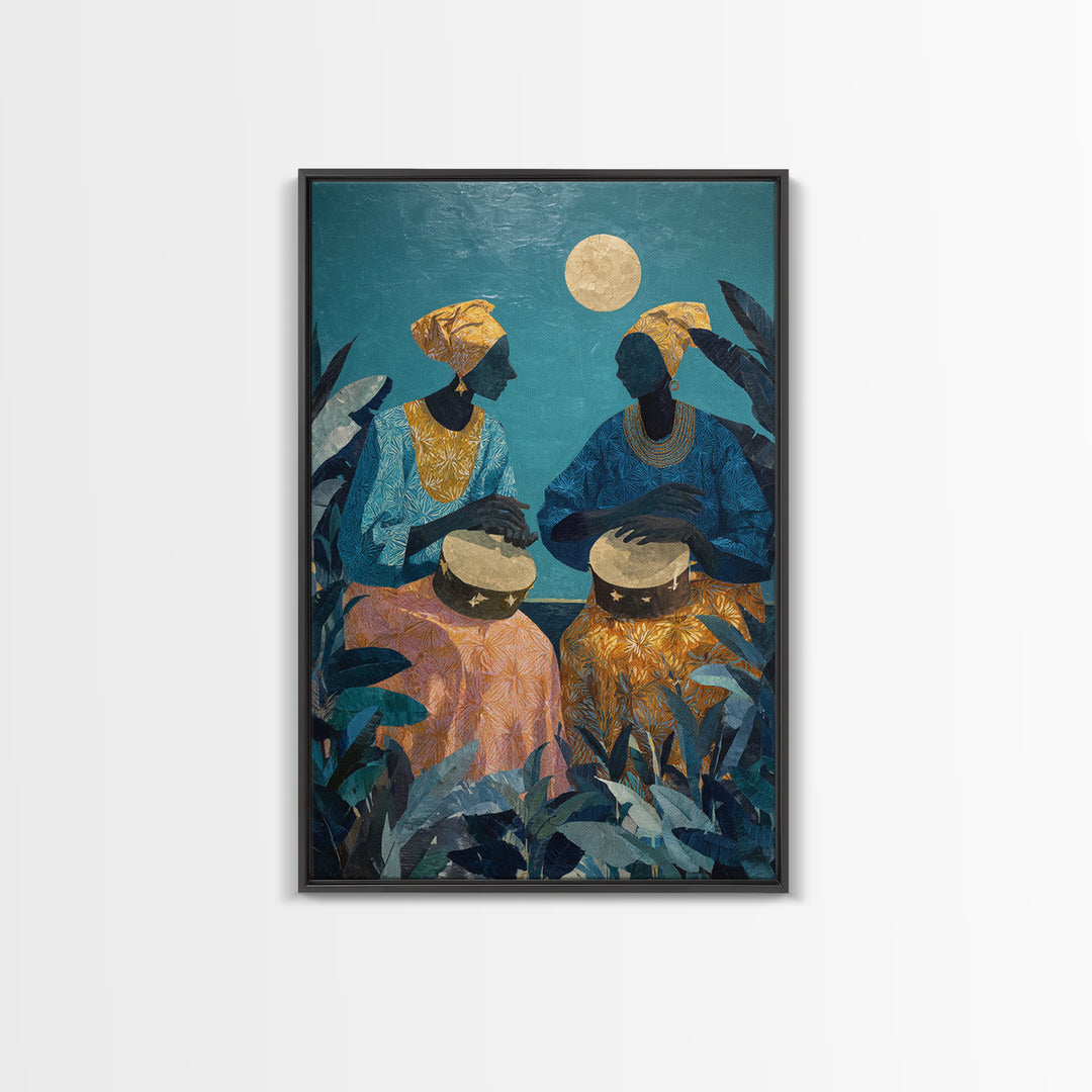 Two African Women Drumming Under Moon Wall Art, Afrocentric Canvas Print, Teal Jungle Decor, Cultural Home Decor Gift For Living Room