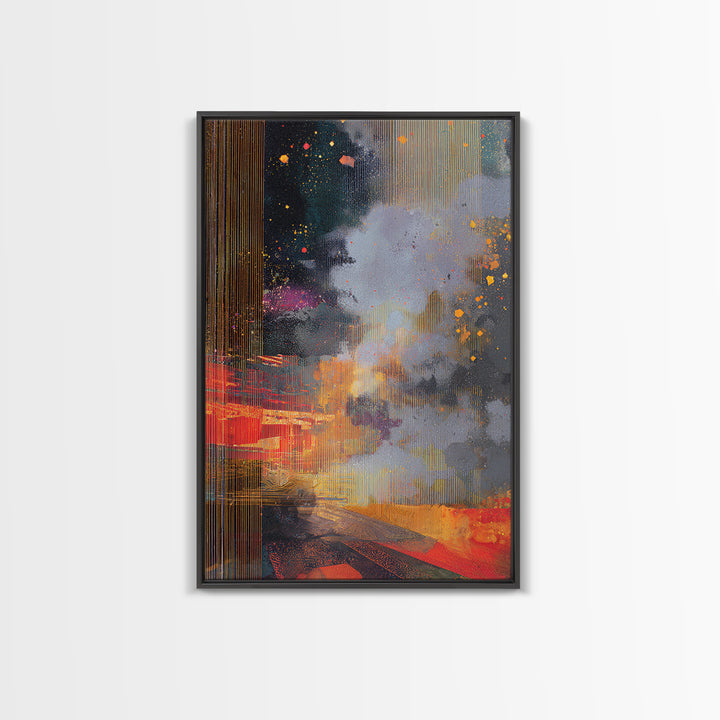 Abstract Gold Rain City Cosmos Wall Art, Modern African Inspired Canvas Print, Bold Red Orange Office Decor For Living Room